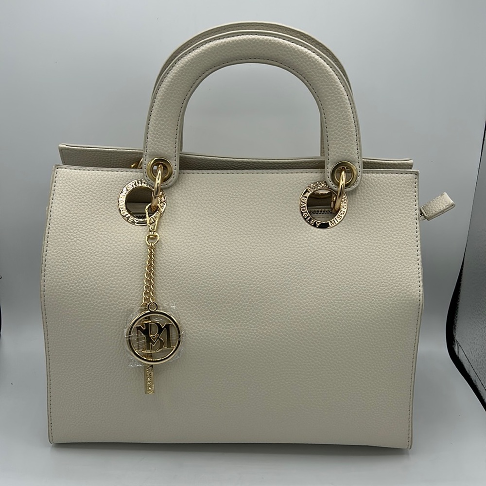 BADGLEY MISCHKA Tote Handbag w Big Logo Eyelet Cream Vegan Leather w Strap NWT